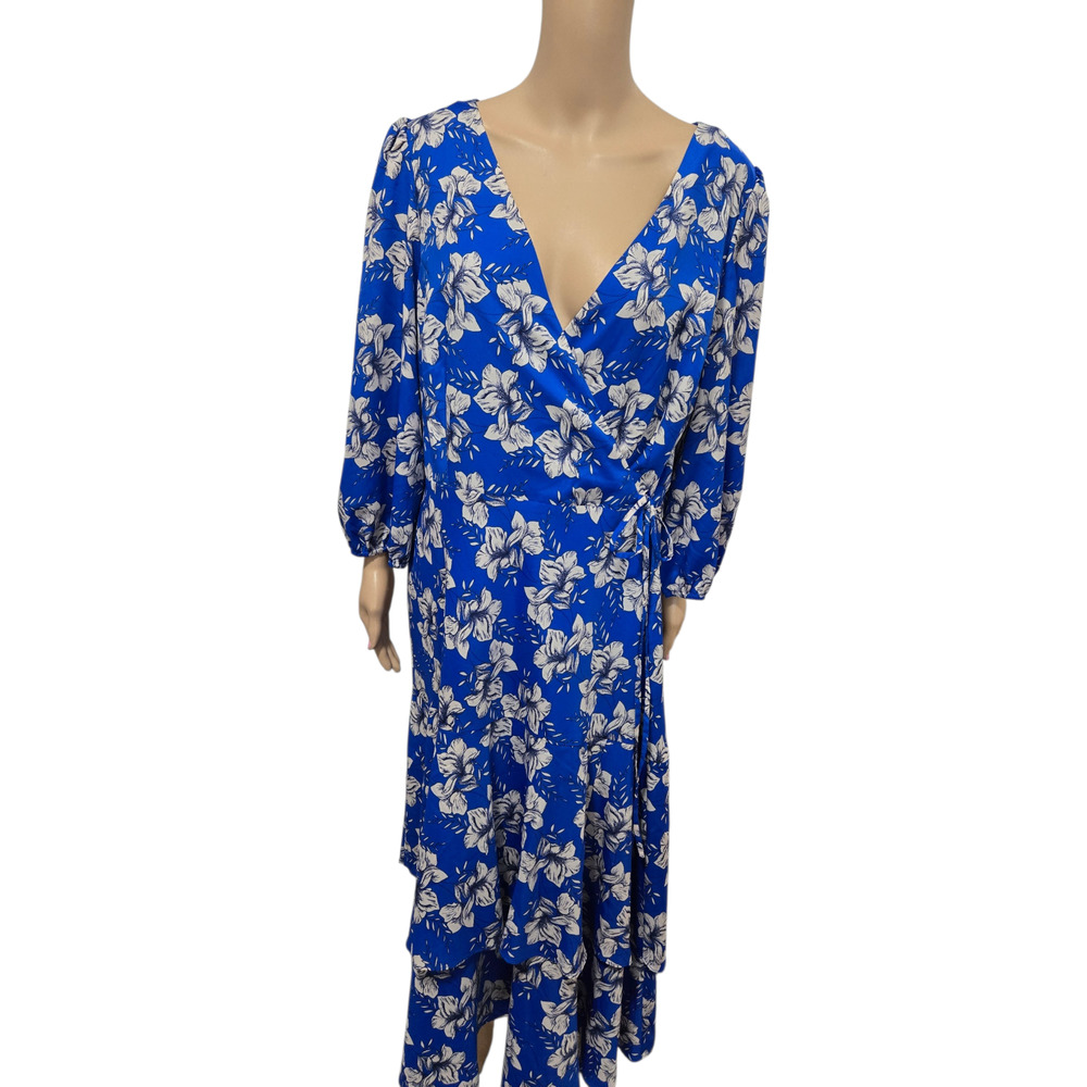 Eliza J women's size 18 blue vneck side tie long sleeve dress front slit floral